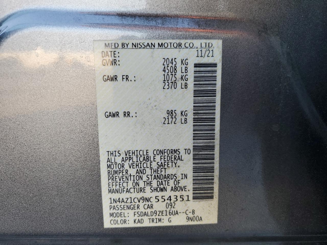 2022 Nissan Leaf Sv VIN: 1N4AZ1CV9NC554351 Lot: 91522665