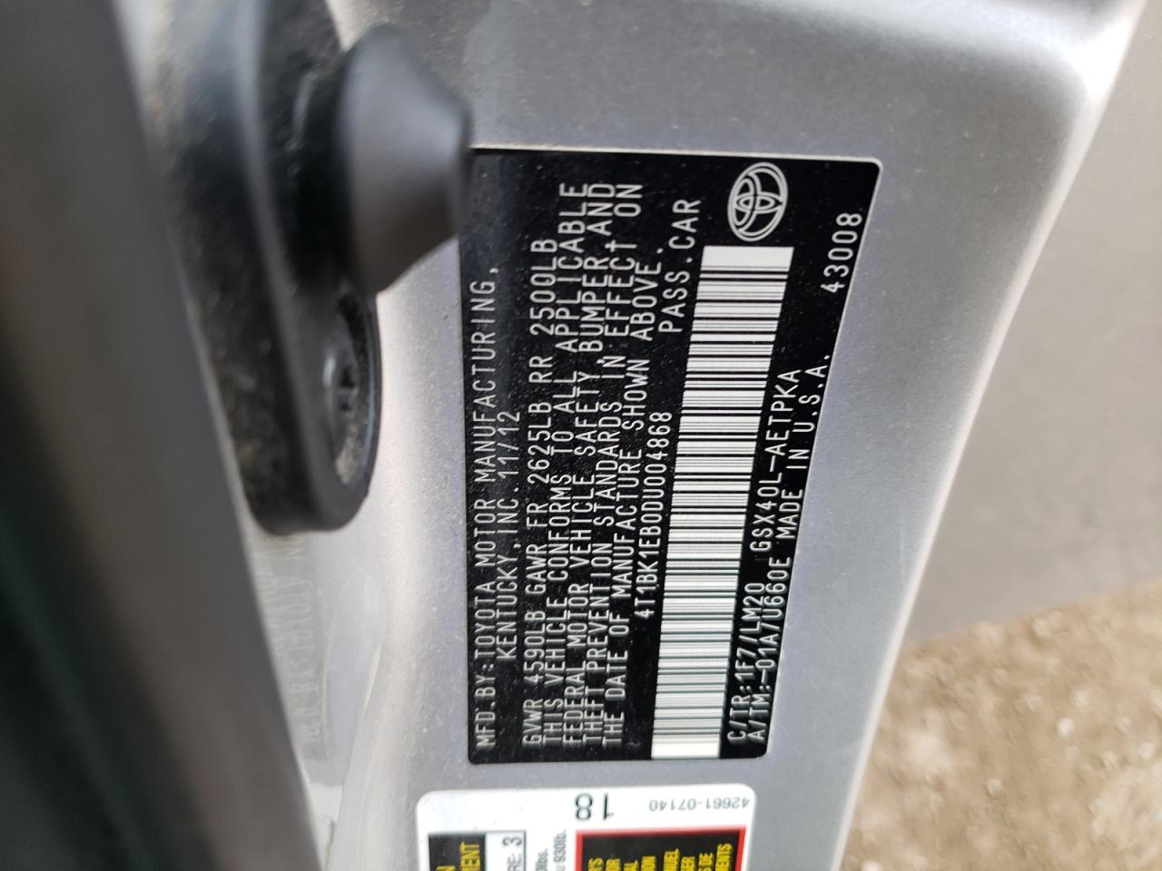 2013 Toyota Avalon Base VIN: 4T1BK1EB0DU004868 Lot: 93340445