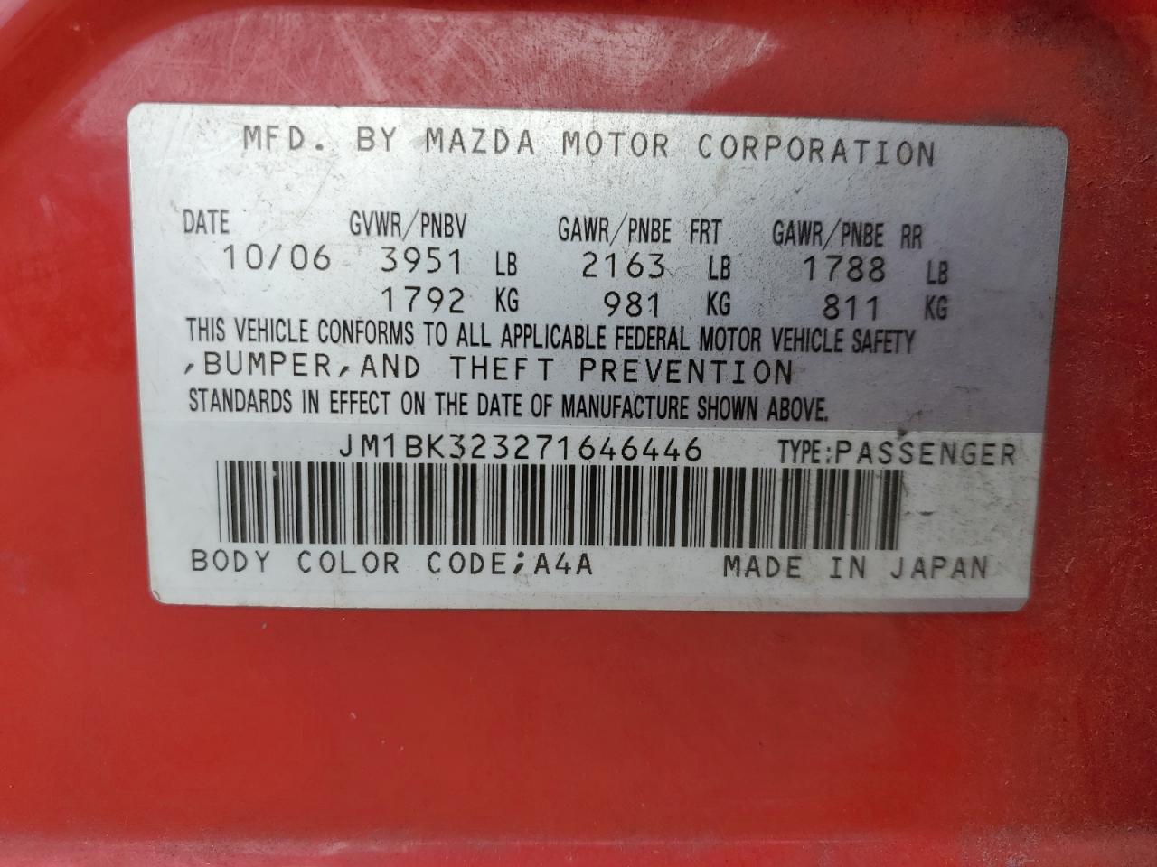 2007 Mazda 3 S VIN: JM1BK323271646446 Lot: 91729265