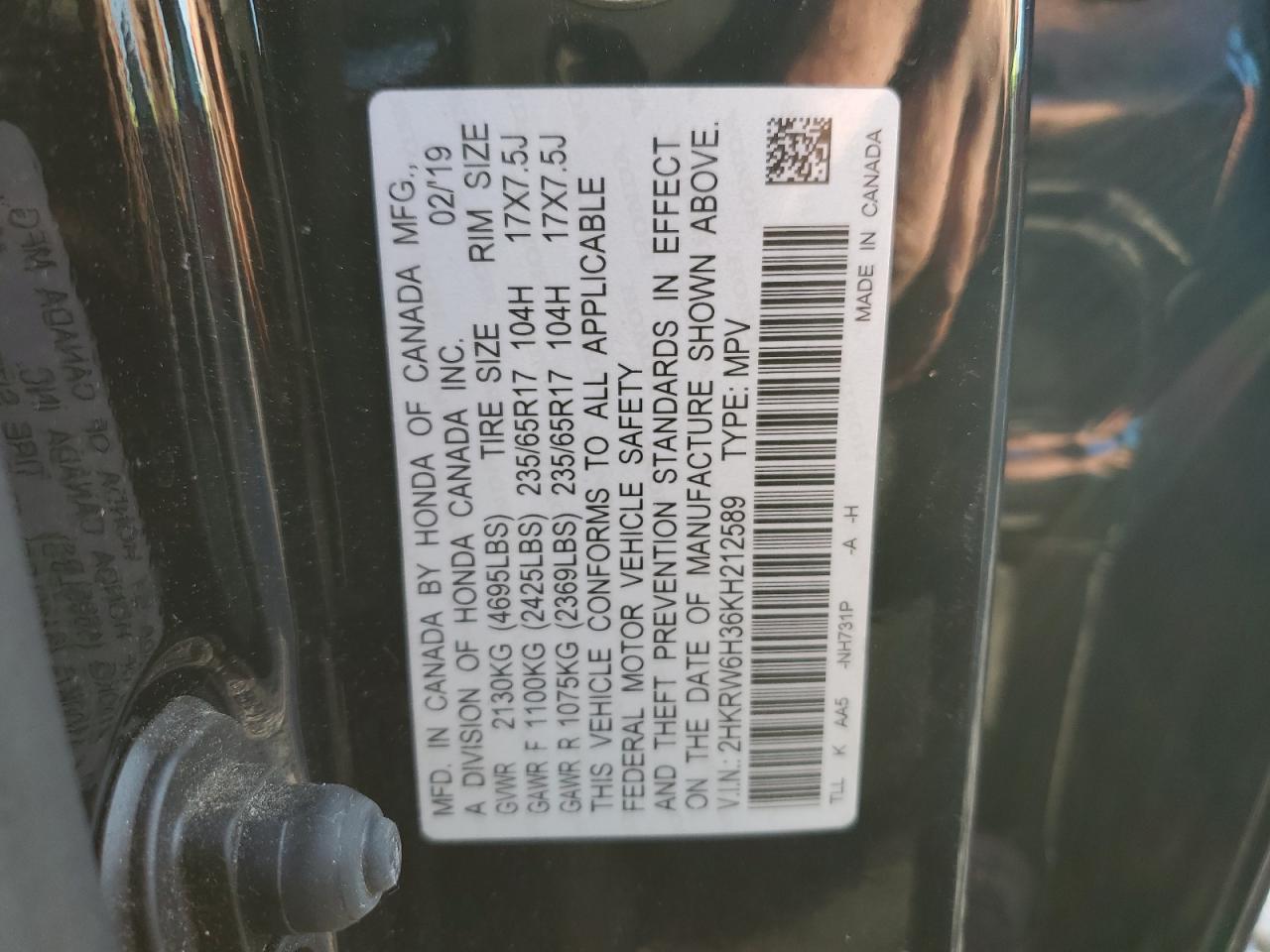 2019 Honda Cr-V Lx VIN: 2HKRW6H36KH212589 Lot: 91426145