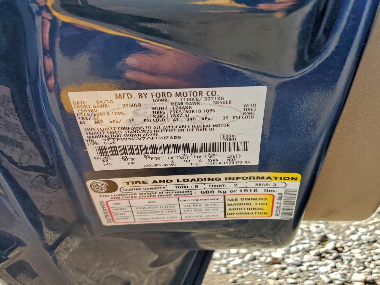 2010 Ford F150 Supercrew VIN: 1FTFW1CV7AFC07456 Lot: 94089875