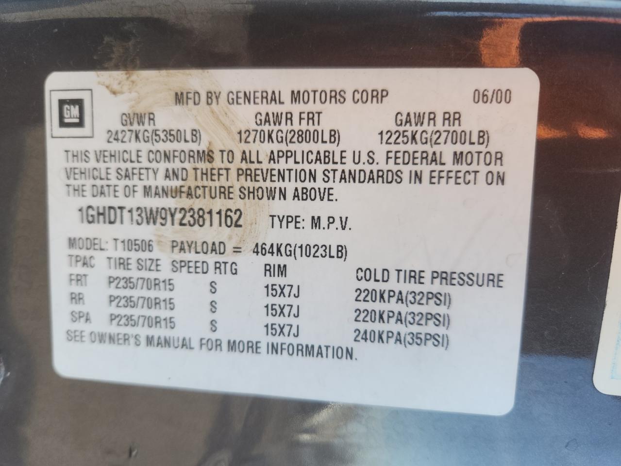 2000 Oldsmobile Bravada VIN: 1GHDT13W9Y2381162 Lot: 91849195