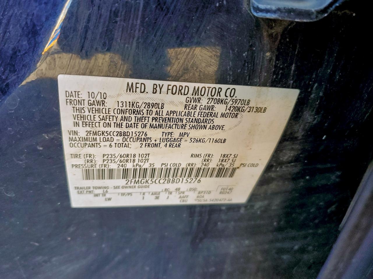 2011 Ford Flex Sel VIN: 2FMGK5CC2BBD15276 Lot: 94059375