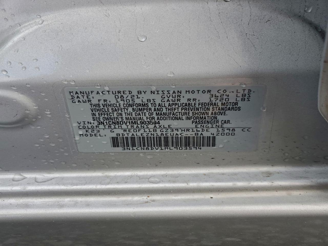 2021 Nissan Versa S VIN: 3N1CN8DV1ML903594 Lot: 94355485