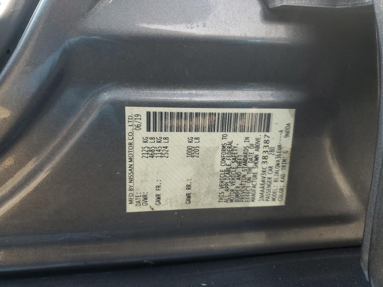 2019 Nissan Maxima S VIN: 1N4AA6AV3KC383387 Lot: 91306475