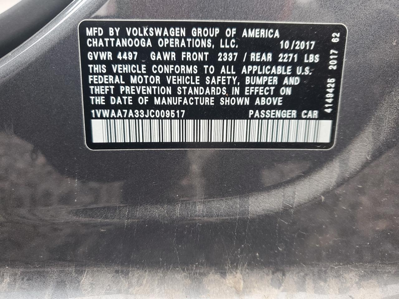 2018 Volkswagen Passat S VIN: 1VWAA7A33JC009517 Lot: 93477585