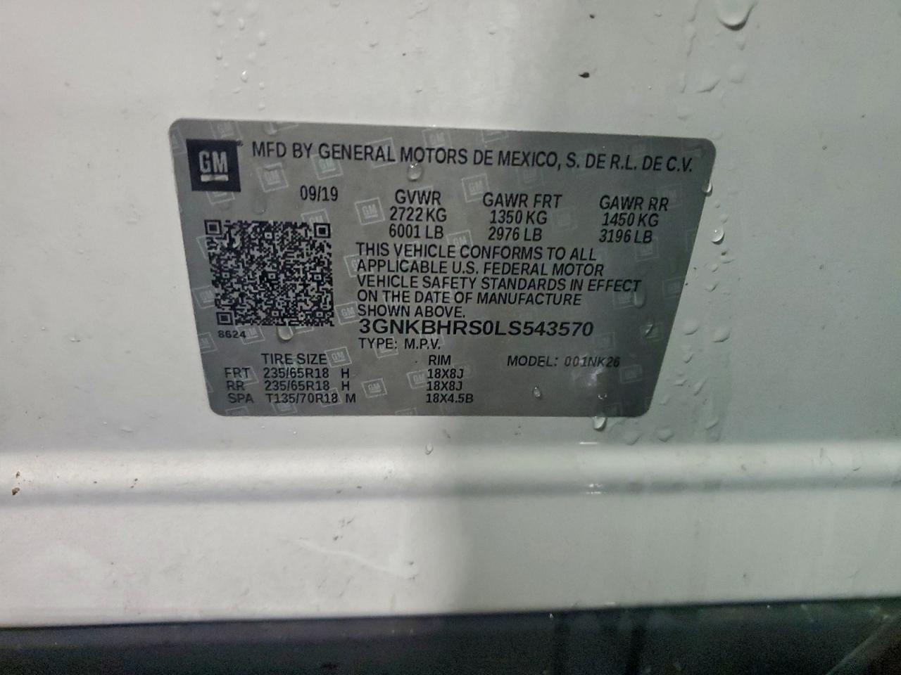 2020 Chevrolet Blazer 2Lt VIN: 3GNKBHRS0LS543570 Lot: 94137915