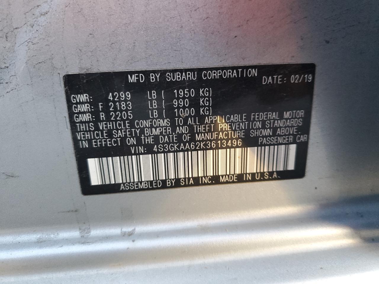 2019 Subaru Impreza VIN: 4S3GKAA62K3613496 Lot: 92997025