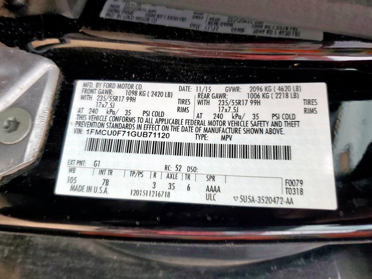 2016 Ford Escape S VIN: 1FMCU0F71GUB71120 Lot: 93252355