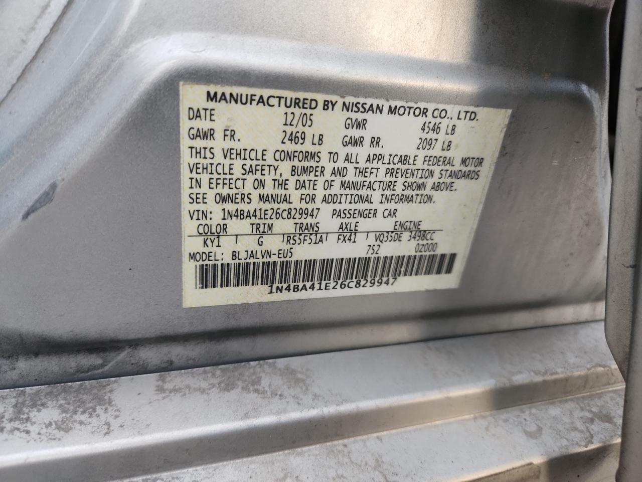 2006 Nissan Maxima Se VIN: 1N4BA41E26C829947 Lot: 91242785