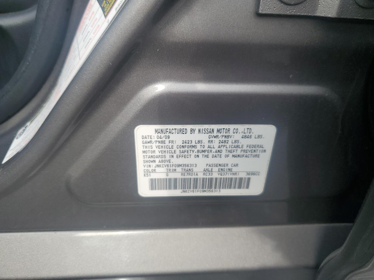 2009 Infiniti G37 VIN: JNKCV61F09M356313 Lot: 93918235