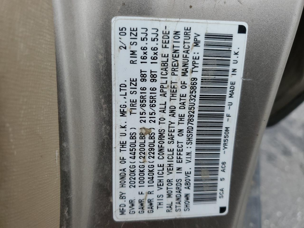 2005 Honda Cr-V Se VIN: SHSRD78925U325869 Lot: 91244855