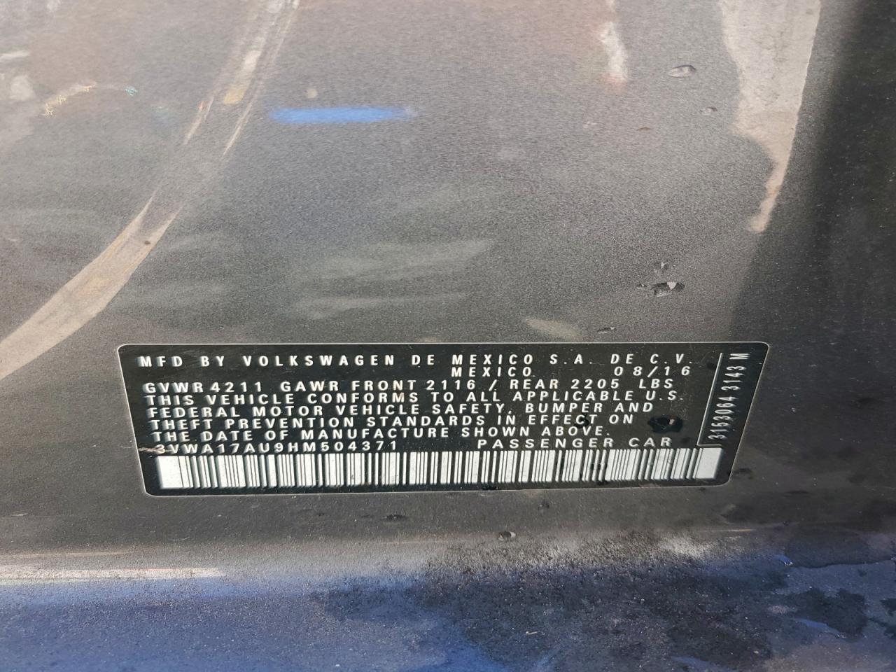2017 Volkswagen Golf Sportwagen S VIN: 3VWA17AU9HM504371 Lot: 94039855