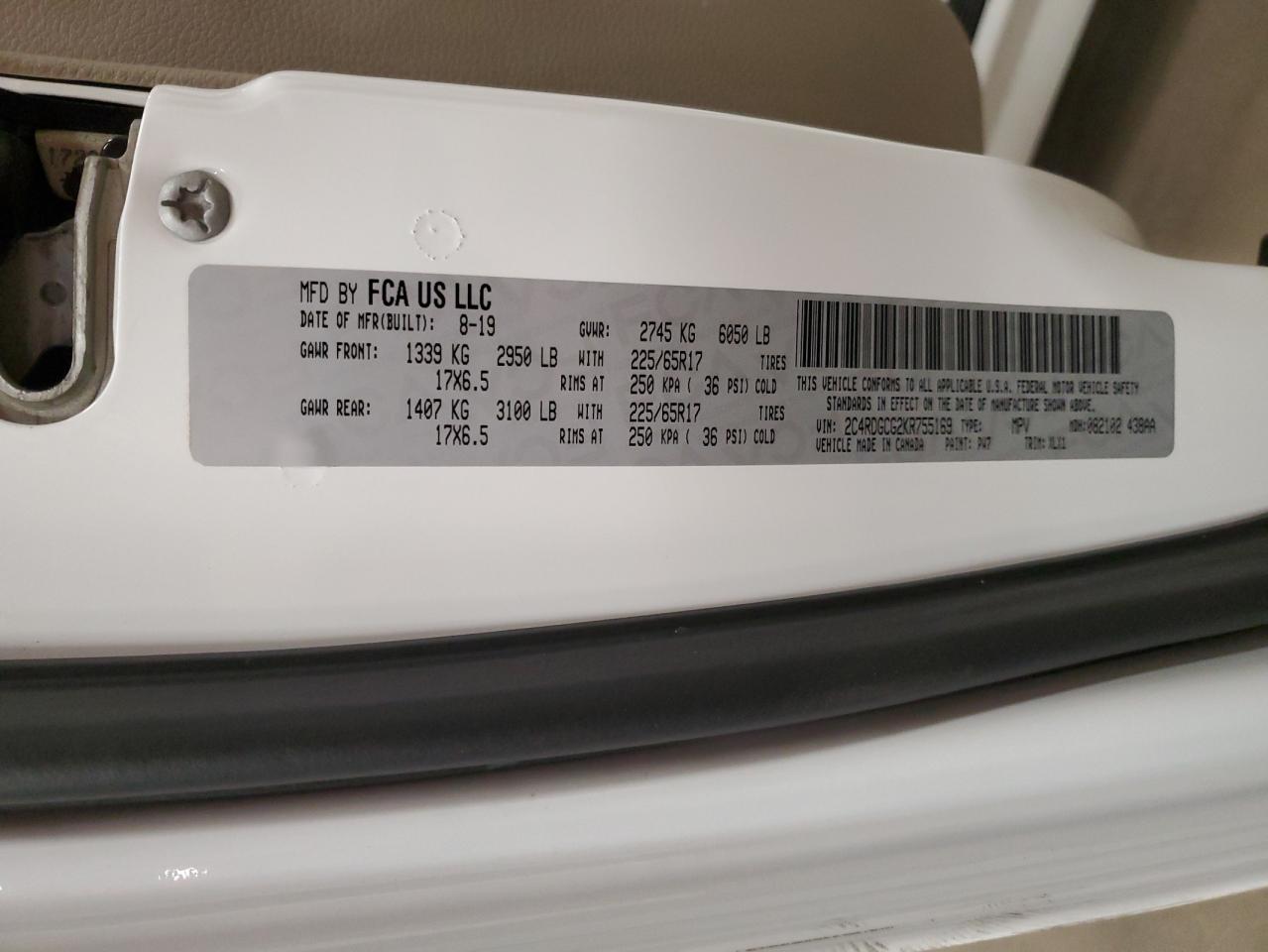 2019 Dodge Grand Caravan Sxt VIN: 2C4RDGCG2KR755169 Lot: 92900755