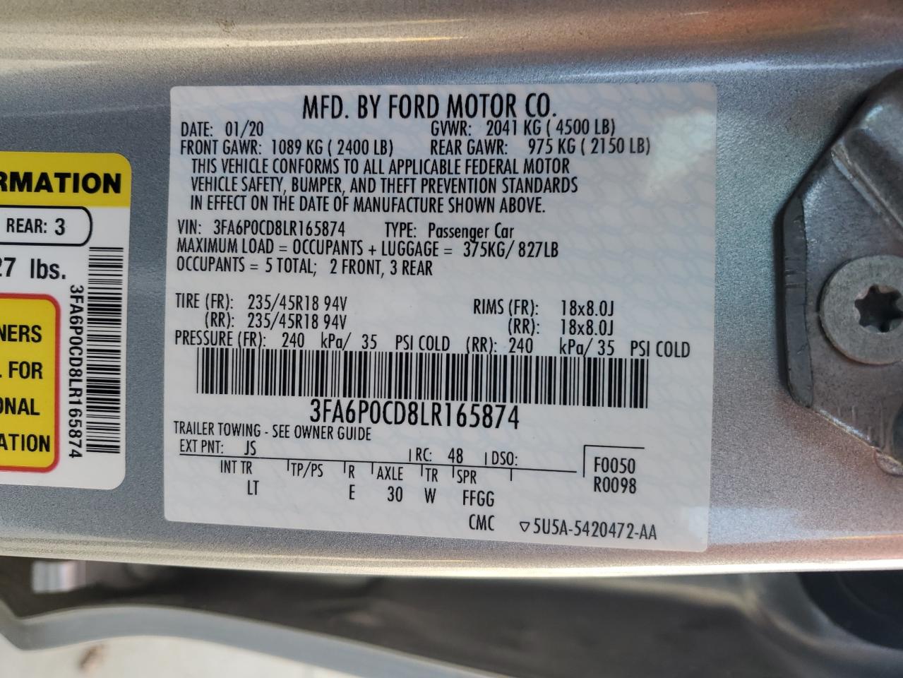 2020 Ford Fusion Sel VIN: 3FA6P0CD8LR165874 Lot: 92200105