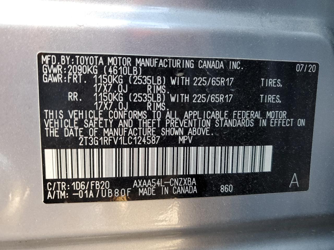 2020 Toyota Rav4 Le VIN: 2T3G1RFV1LC124587 Lot: 92428025