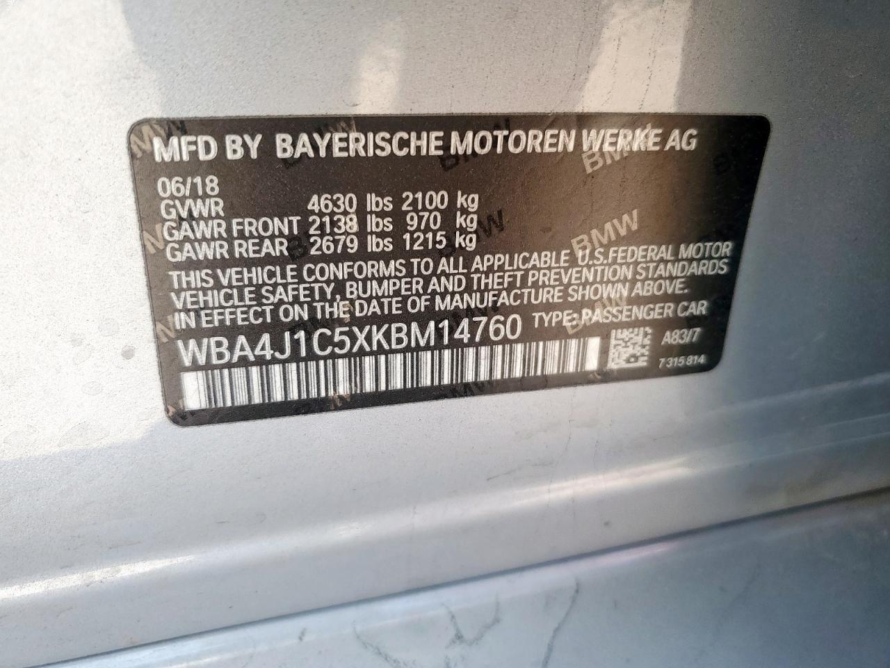 2019 BMW 430I Gran Coupe VIN: WBA4J1C5XKBM14760 Lot: 93137825