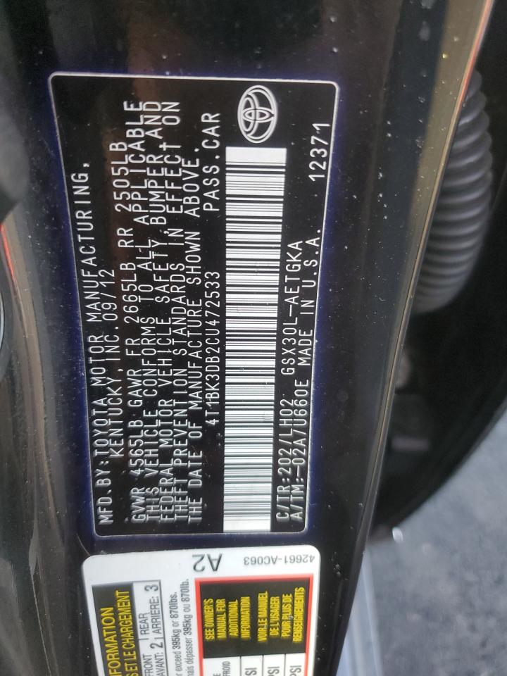 2012 Toyota Avalon Base VIN: 4T1BK3DB2CU472533 Lot: 92134205