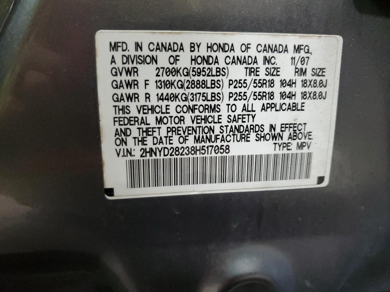 2008 Acura Mdx VIN: 2HNYD28238H517058 Lot: 91349705