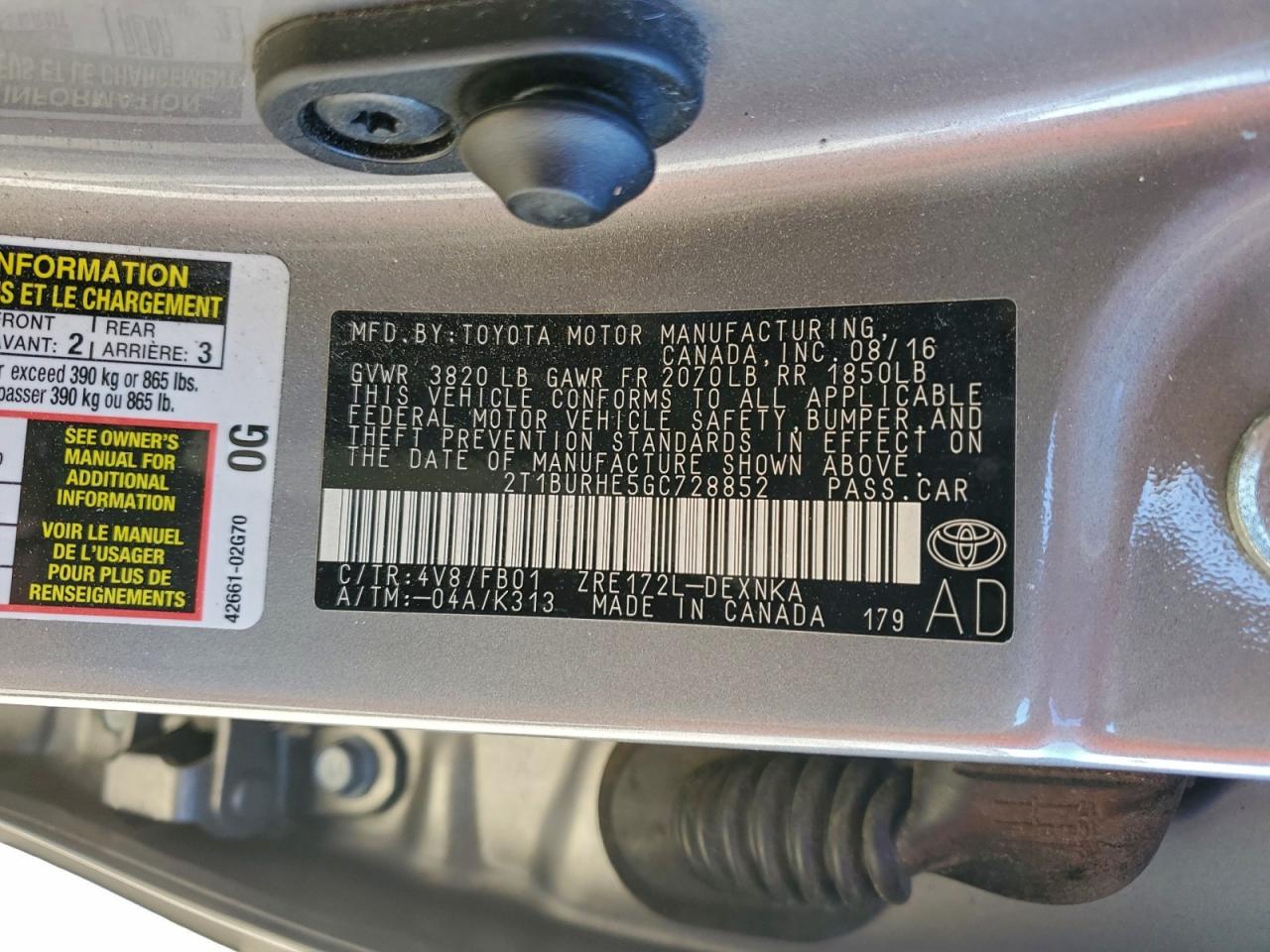 2016 Toyota Corolla L VIN: 2T1BURHE5GC728852 Lot: 94154735