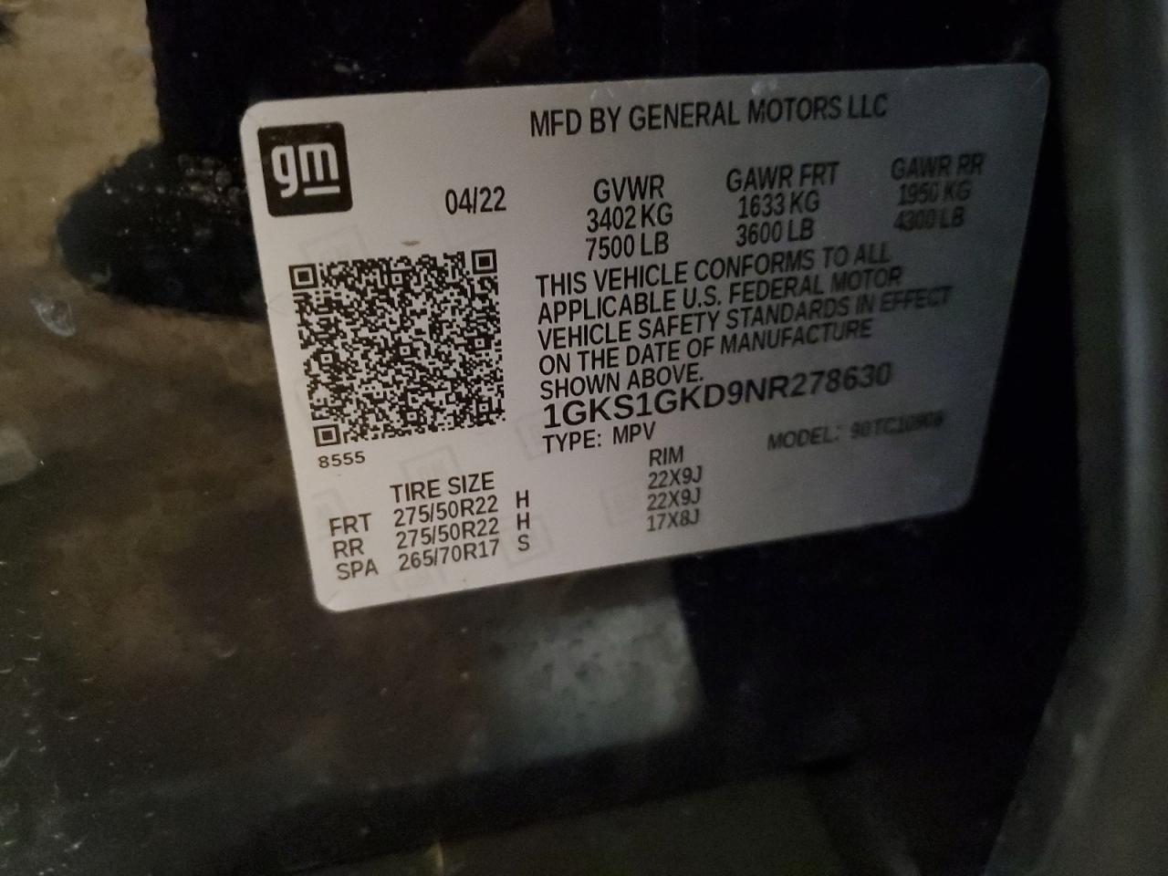 2022 GMC Yukon Xl C1500 Slt VIN: 1GKS1GKD9NR278630 Lot: 92453865