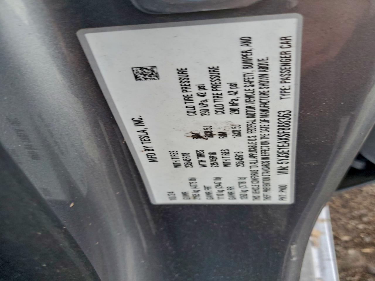 2025 Tesla Model 3 VIN: 5YJ3E1EAXSF888363 Lot: 93619475