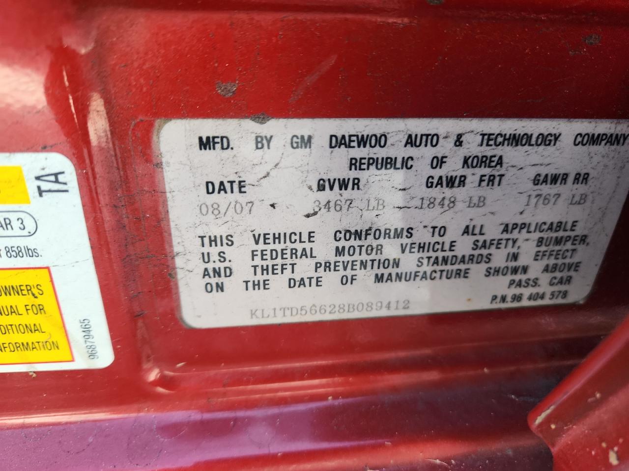 2008 Chevrolet Aveo Base VIN: KL1TD56628B089412 Lot: 92126525