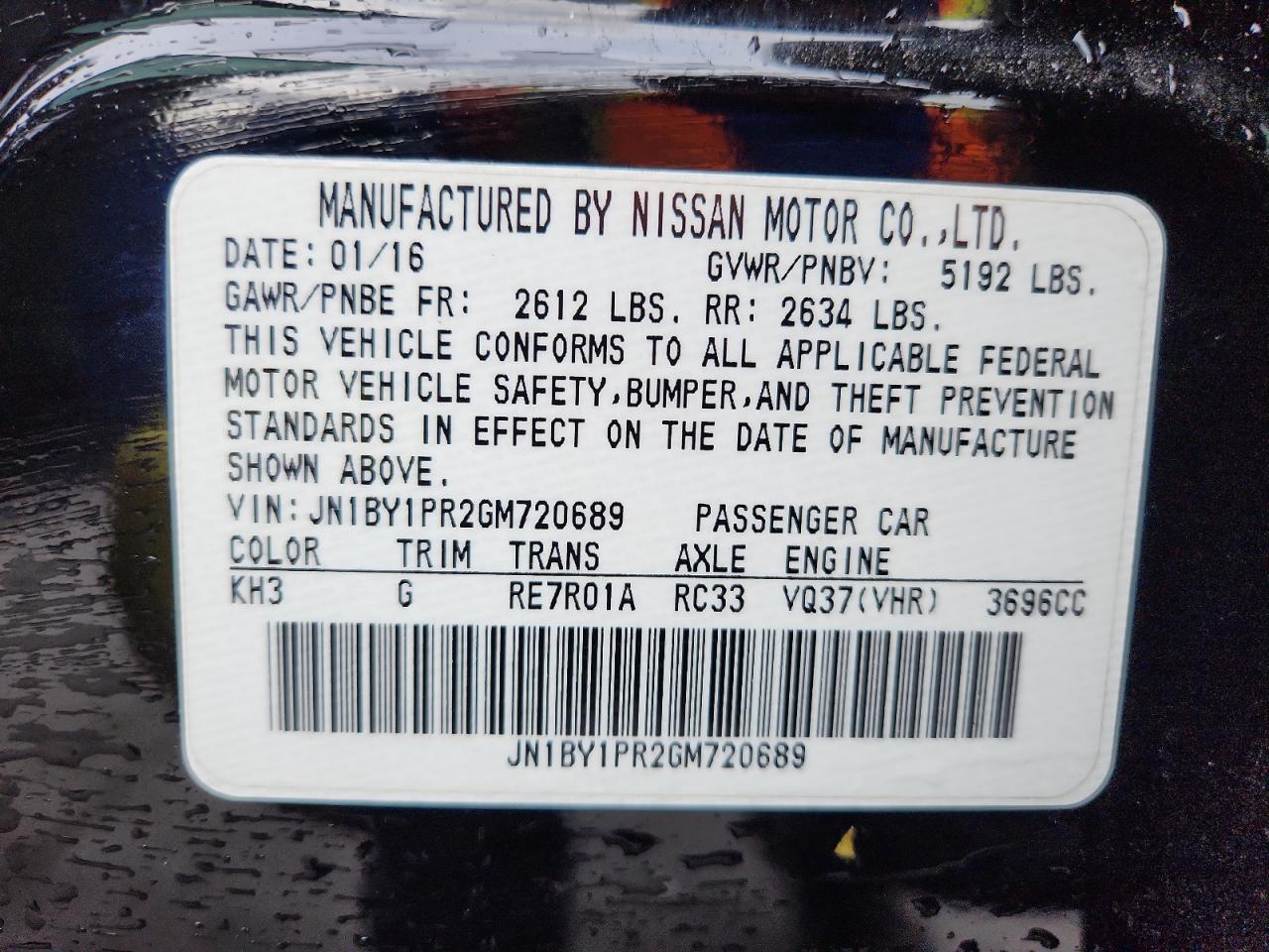 2016 Infiniti Q70L 3.7 VIN: JN1BY1PR2GM720689 Lot: 91593505