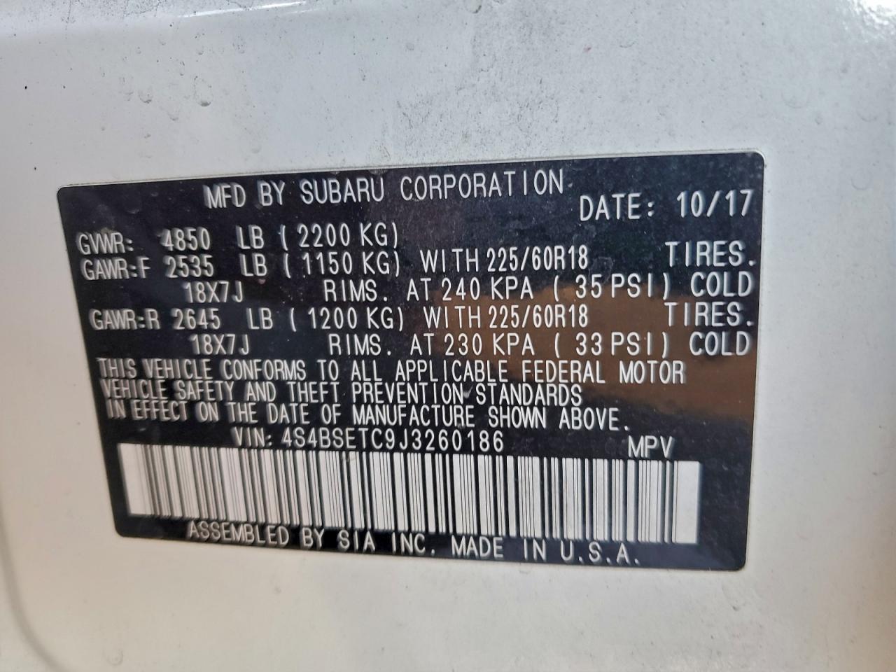 2018 Subaru Outback Touring VIN: 4S4BSETC9J3260186 Lot: 94254555