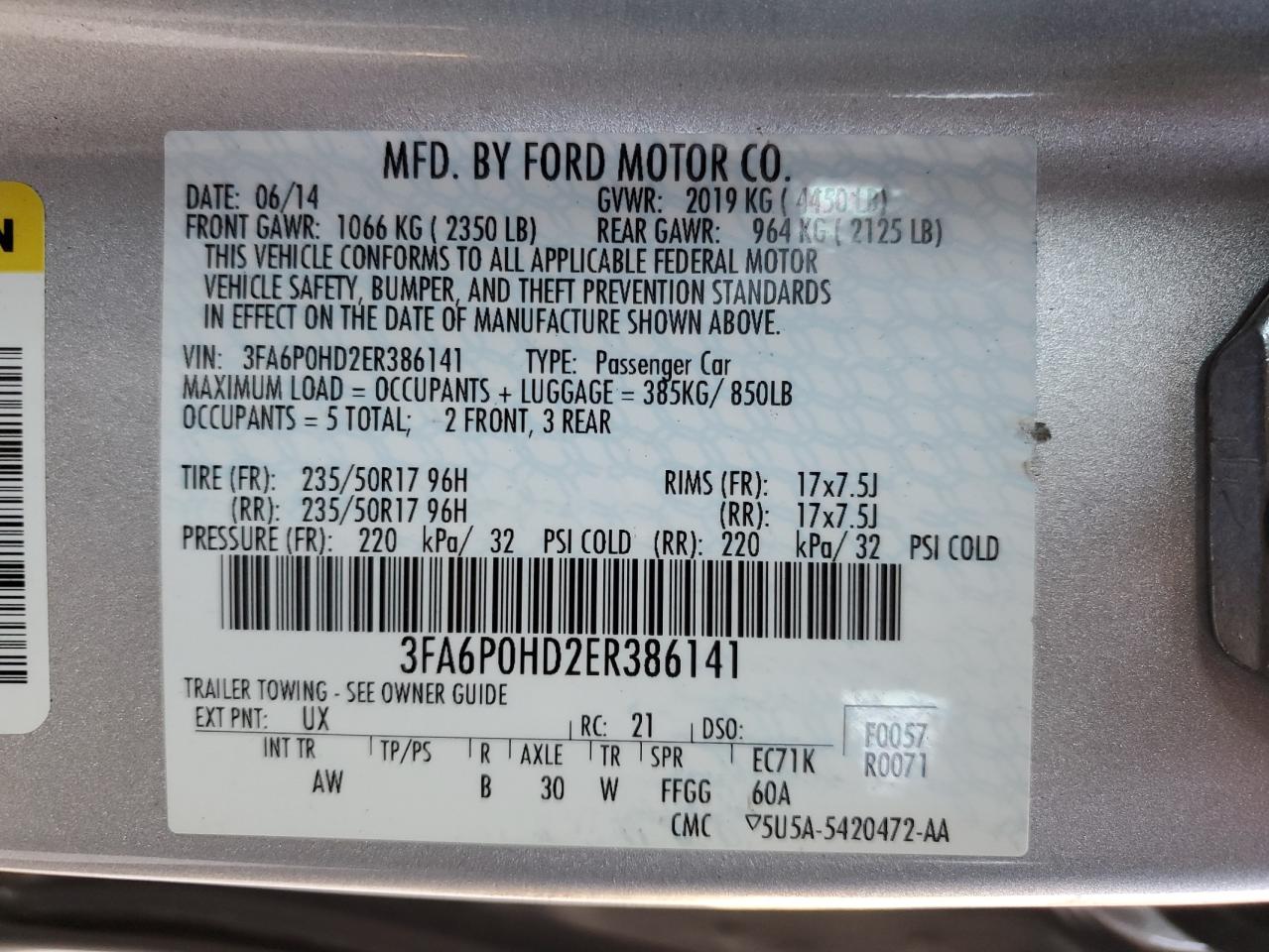 2014 Ford Fusion Se VIN: 3FA6P0HD2ER386141 Lot: 93062625