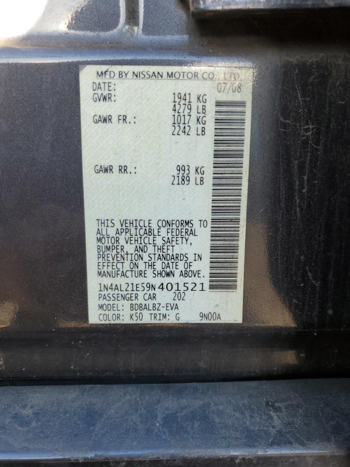 2009 Nissan Altima 2.5 VIN: 1N4AL21E59N401521 Lot: 92749365