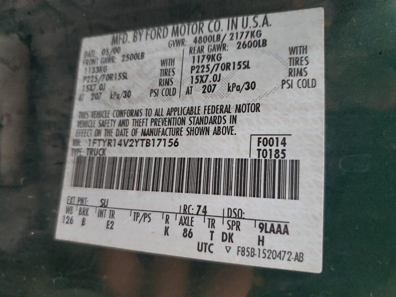 2000 Ford Ranger Super Cab VIN: 1FTYR14V2YTB17156 Lot: 92331175