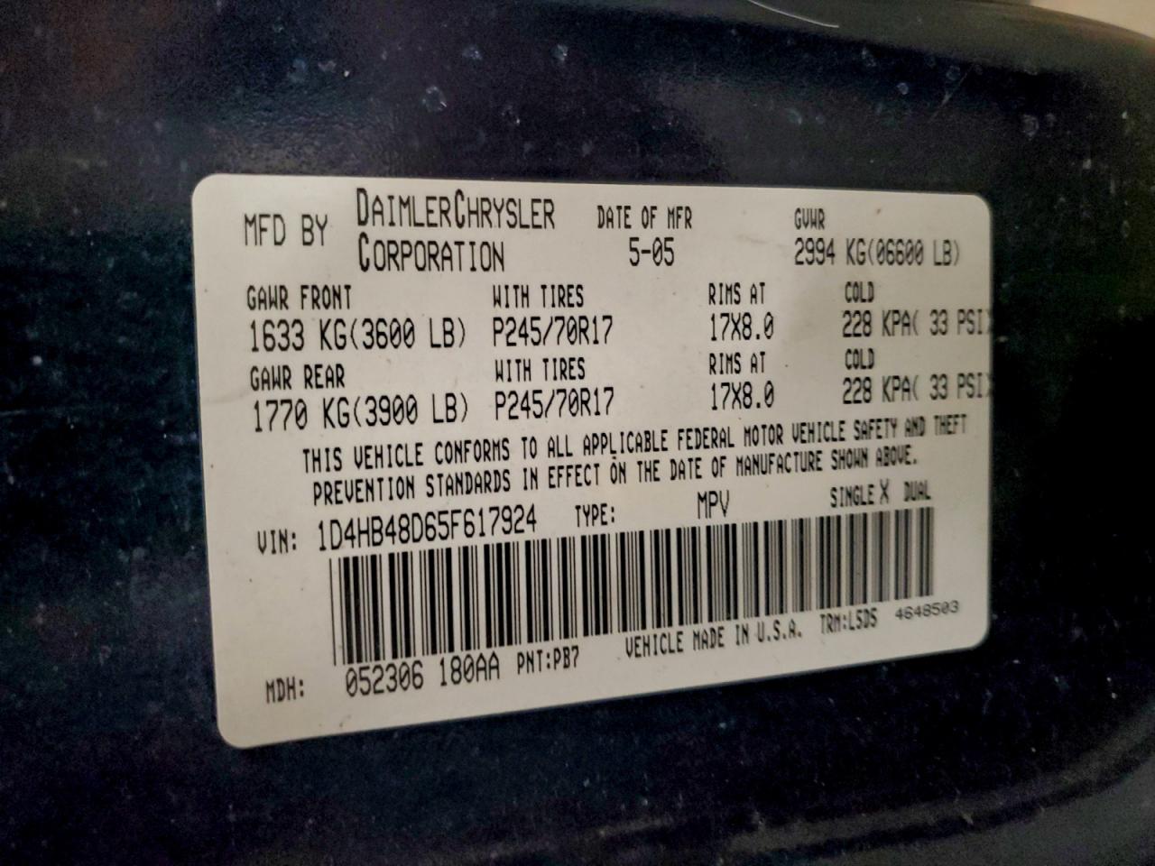 2005 Dodge Durango Slt VIN: 1D4HB48D65F617924 Lot: 94569185