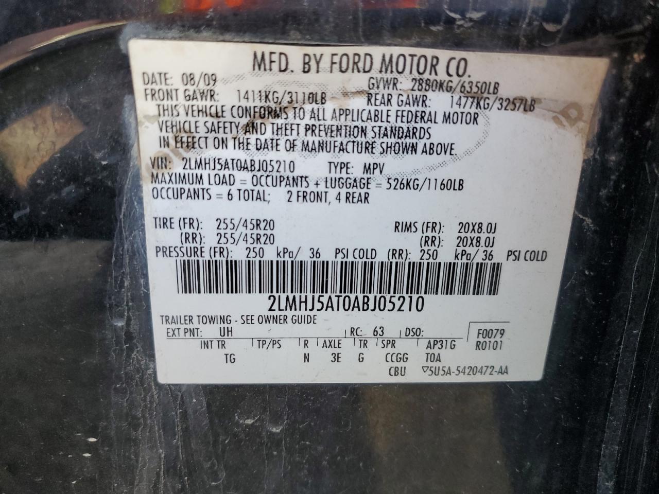 2010 Lincoln Mkt VIN: 2LMHJ5AT0ABJ05210 Lot: 91736475