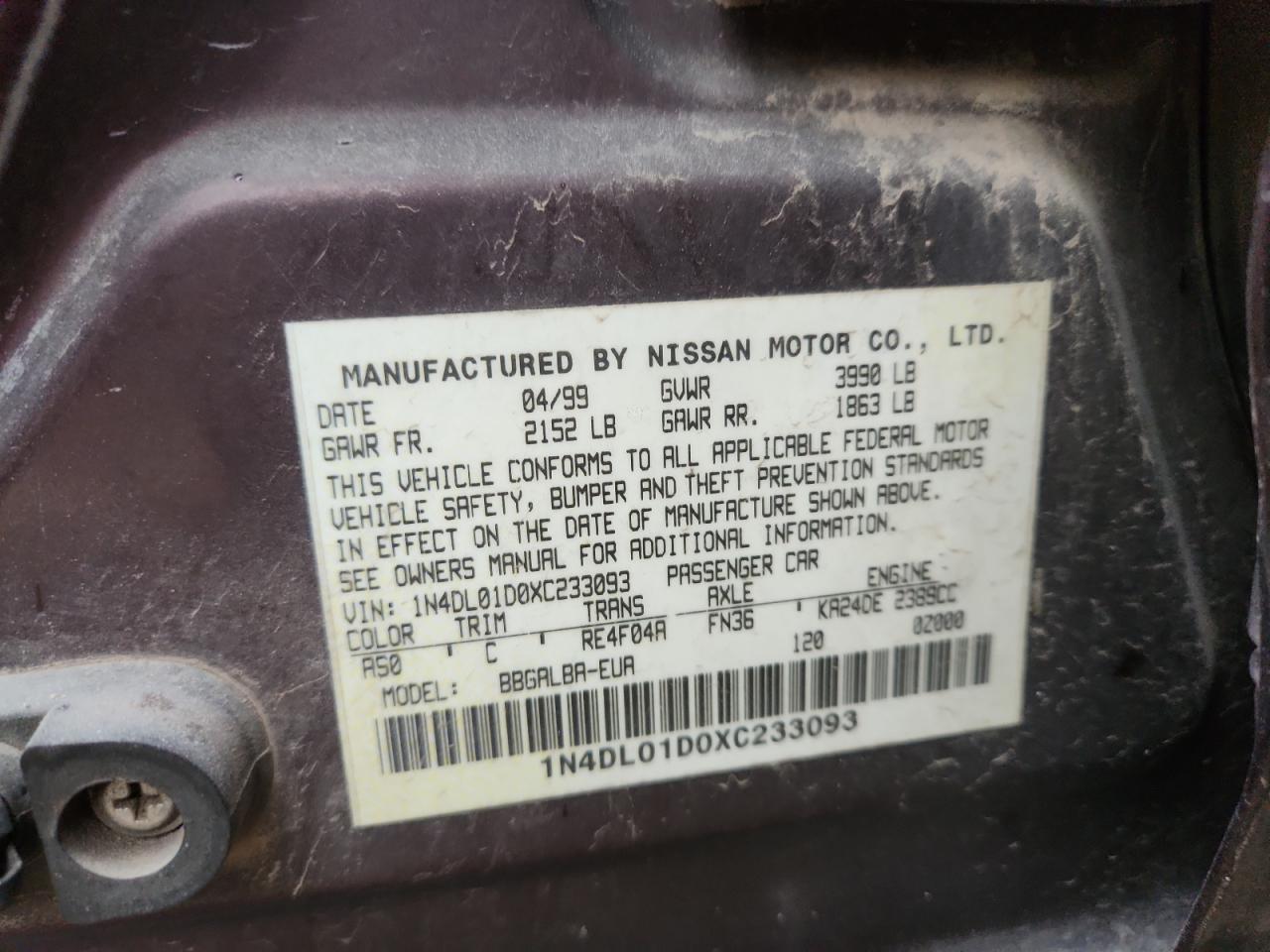 1999 Nissan Altima Xe VIN: 1N4DL01D0XC233093 Lot: 93713255