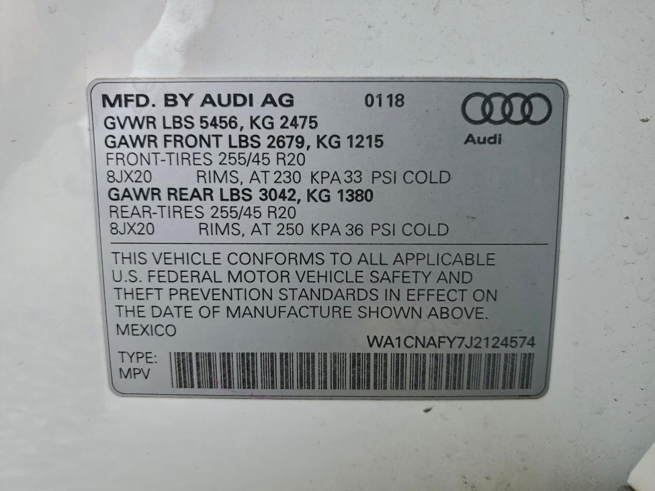 2018 Audi Q5 Prestige VIN: WA1CNAFY7J2124574 Lot: 93617395