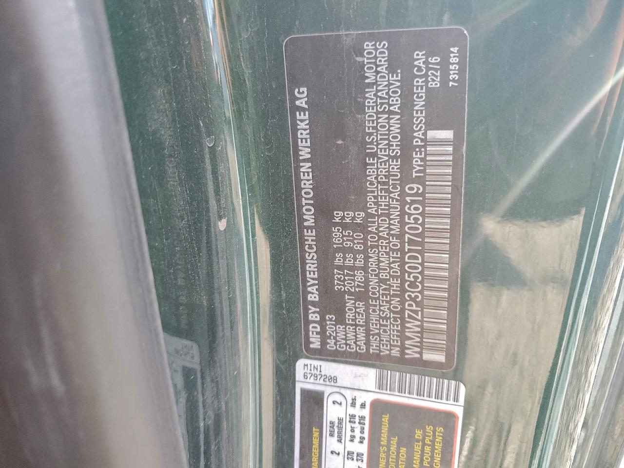 2013 Mini Cooper S VIN: WMWZP3C50DT705619 Lot: 93149055