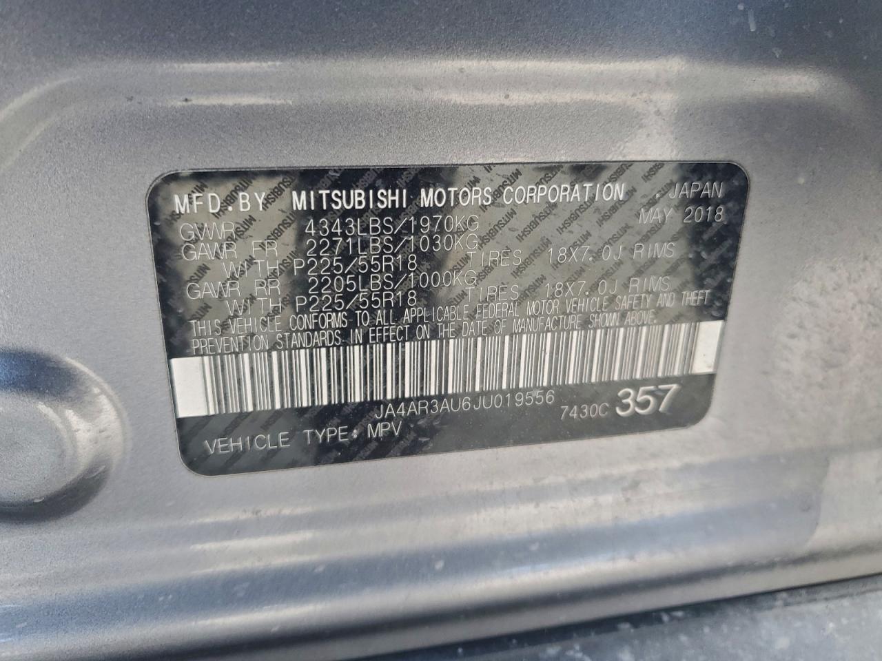 2018 Mitsubishi Outlander Sport Es VIN: JA4AR3AU6JU019556 Lot: 93737865