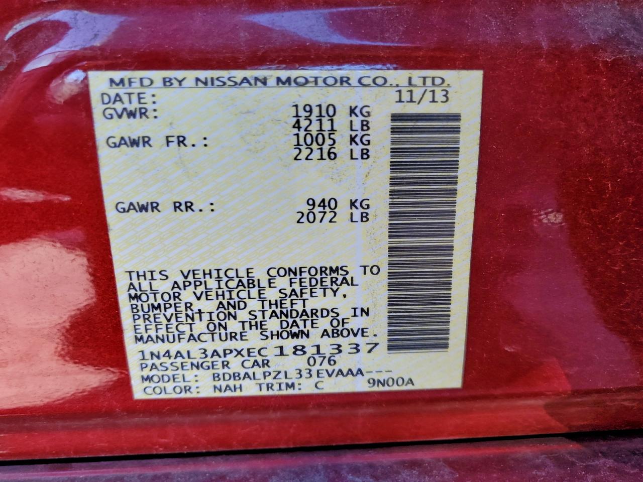 2014 Nissan Altima 2.5 VIN: 1N4AL3APXEC181337 Lot: 94558685