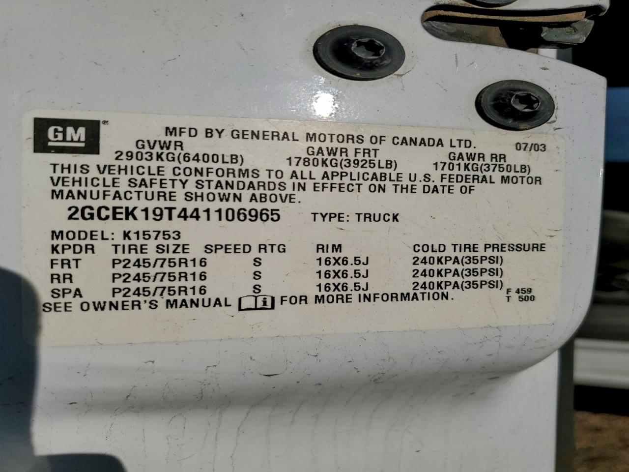 2004 Chevrolet Silverado K1500 VIN: 2GCEK19T441106965 Lot: 94267805