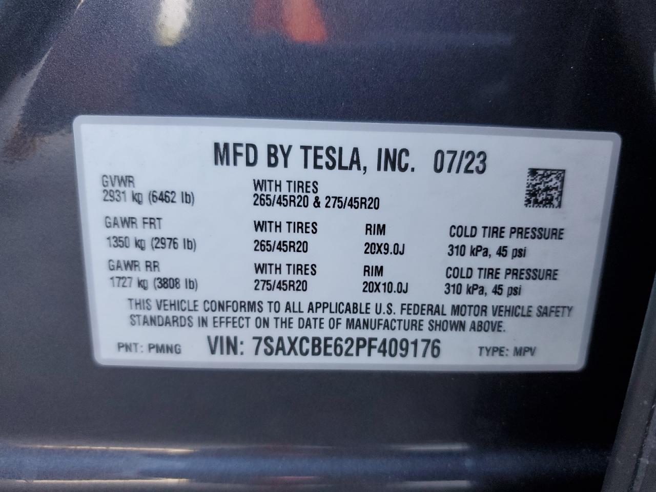 2023 Tesla Model X VIN: 7SAXCBE62PF409176 Lot: 90621345