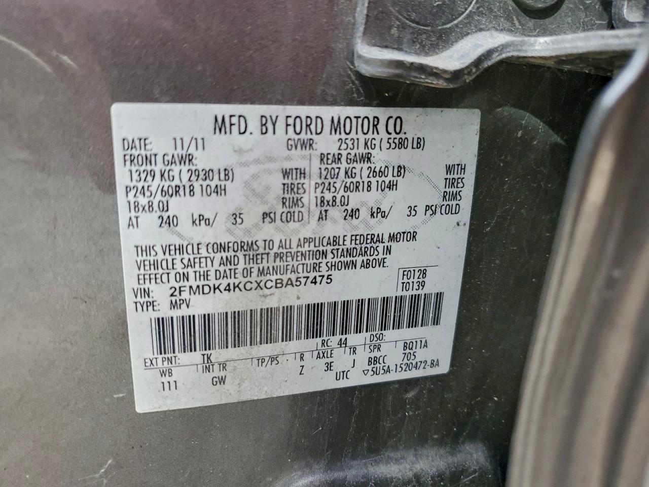 2012 Ford Edge Limited VIN: 2FMDK4KCXCBA57475 Lot: 93893965