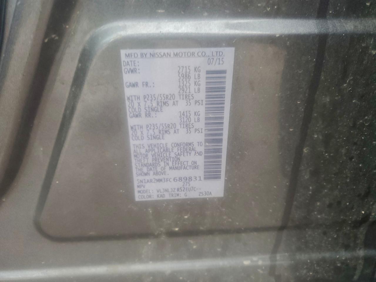 2015 Nissan Pathfinder S VIN: 5N1AR2MM3FC689831 Lot: 94051955