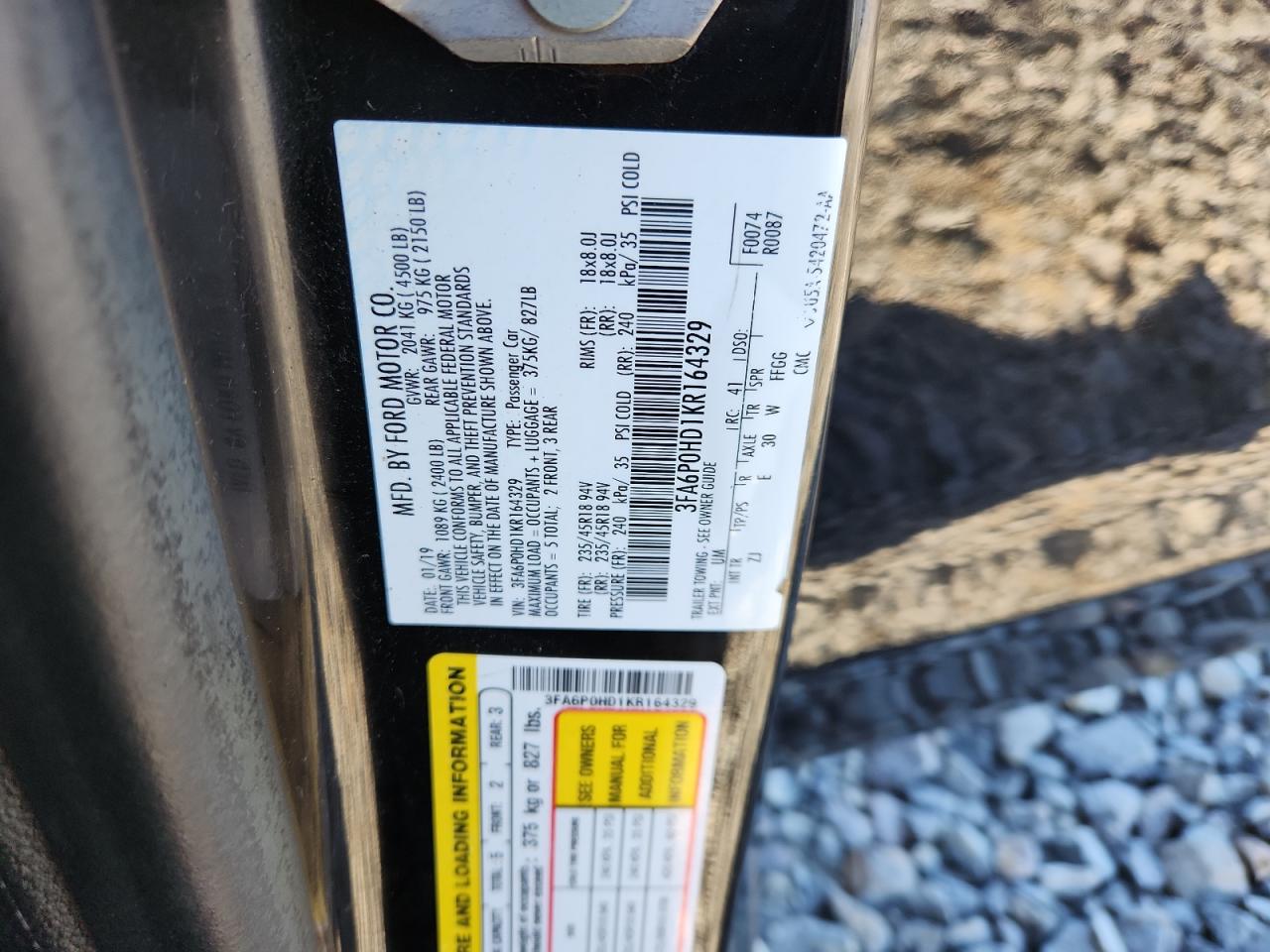 2019 Ford Fusion Se VIN: 3FA6P0HD1KR164329 Lot: 91629685