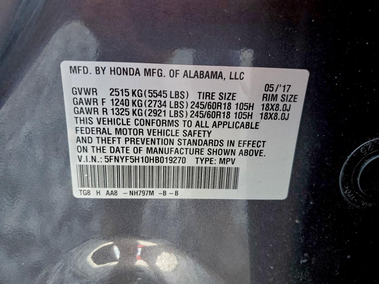 2017 Honda Pilot Lx VIN: 5FNYF5H10HB019270 Lot: 94766515