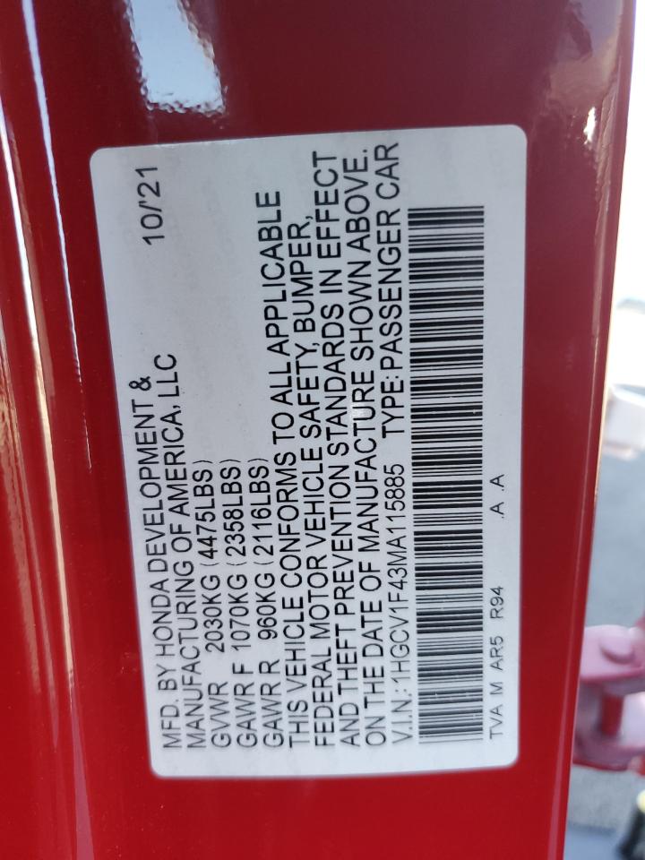 2021 Honda Accord Sport Se VIN: 1HGCV1F43MA115885 Lot: 91125955