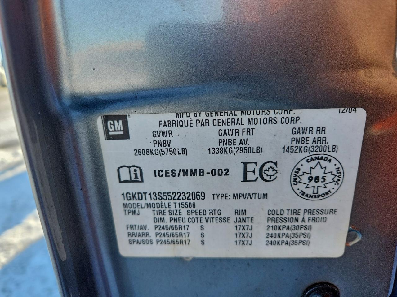 2005 GMC Envoy VIN: 1GKDT13S552232069 Lot: 94132515