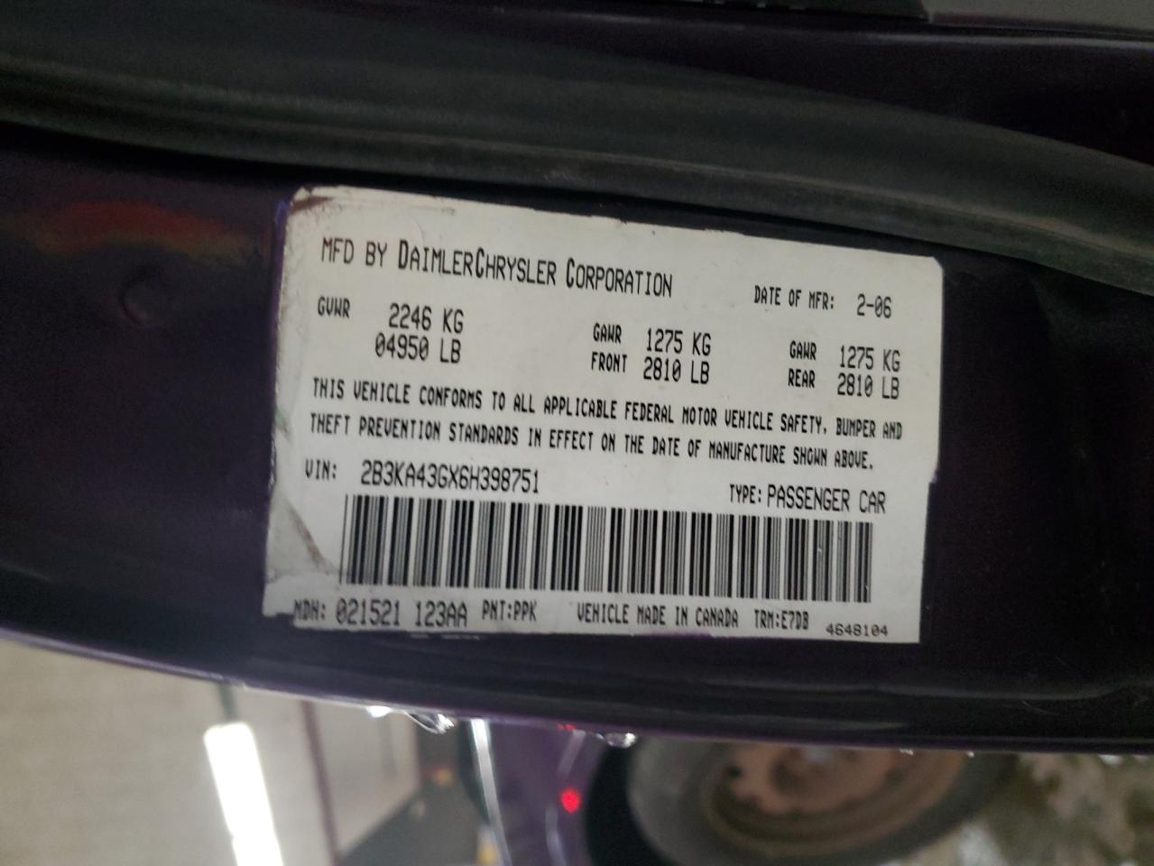 2006 Dodge Charger Se VIN: 2B3KA43GX6H398751 Lot: 91542385