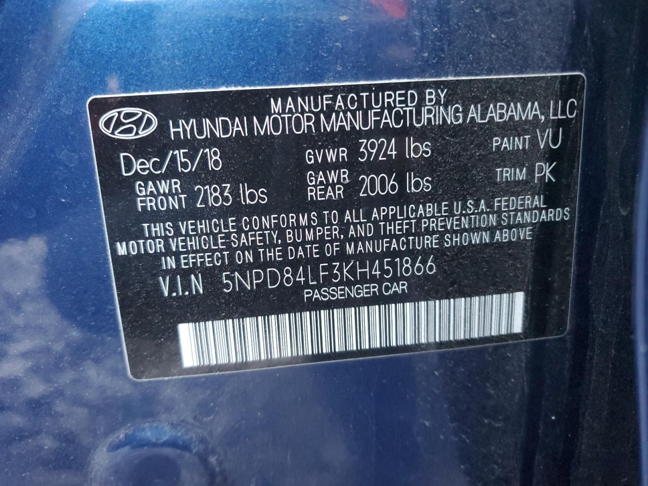 2019 Hyundai Elantra Sel VIN: 5NPD84LF3KH451866 Lot: 93873235