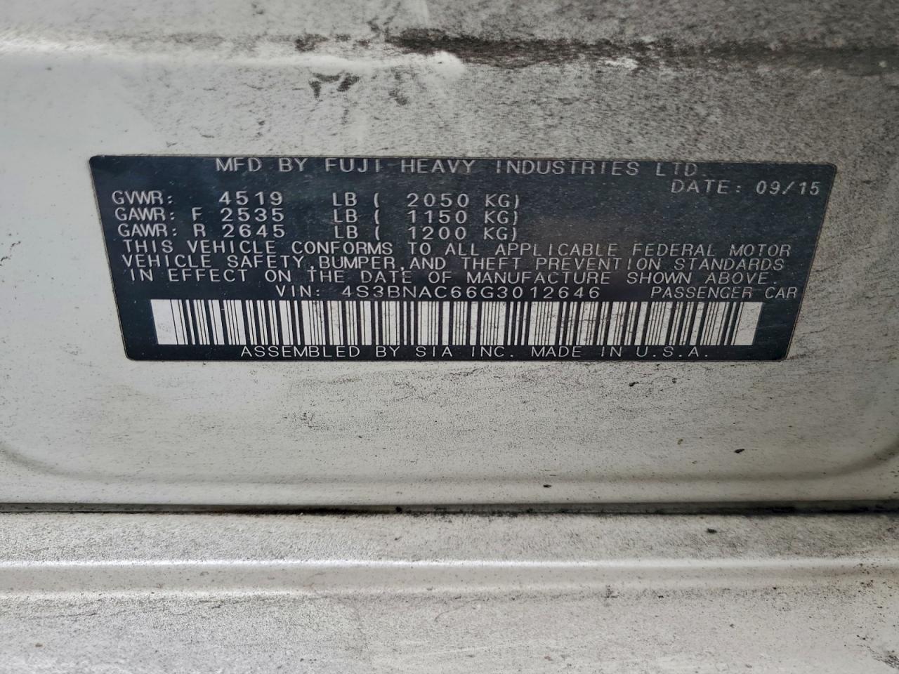 2016 Subaru Legacy 2.5I Premium VIN: 4S3BNAC66G3012646 Lot: 94026185